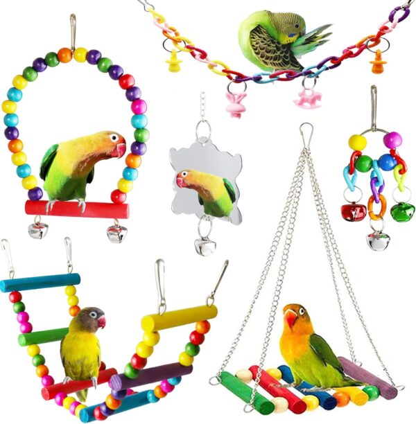 ESRISE 7 Pcs Bird Parrot Toys, Hanging Bell Pet Bird Cage Hammock Swing Climbing Ladders Toy Wooden Perch Chewing Toy for Large Parrots, Conures, Love Birds, Small Parakeets Cockatiels, Macaws, Finche