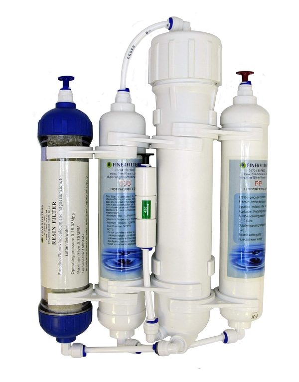 Finerfilters 4 Stage Compact RODI Reverse Osmosis Filter System with DI Resin Stage for Aquariums, suitable for Tropical/Marine/Discus Fish etc. (50 GPD)