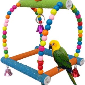 Hypeety Colorful Wooden Swing Bird Toy for Parrot Macaw African Greys Budgies Cockatoo Parakeet Cockatiel Conure Lovebirds Finch Cage Perch Toy Paw Grinding Ladder (L)