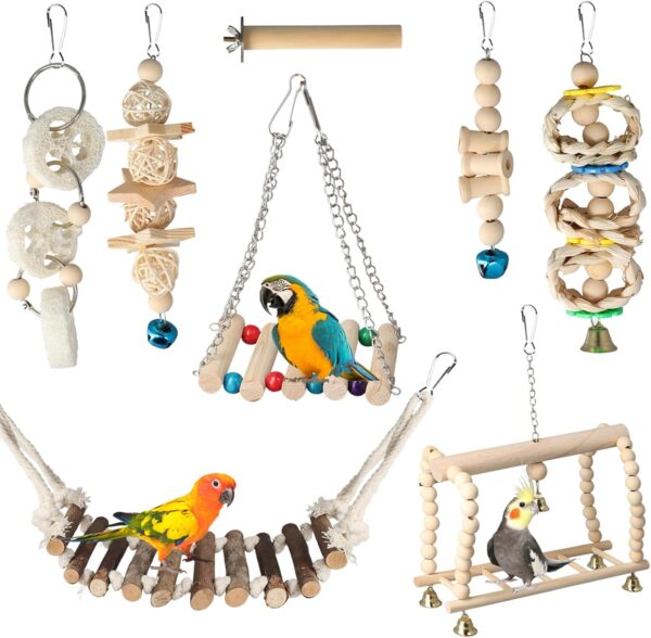 Joyan 8 PCS Bird Parrot Toys Swing Hanging, Bird Cage Accessories Toy Perch Ladder Chewing Toys Hammock for Conures, Love Birds, Small Parakeets, Cockatiels, Parrot