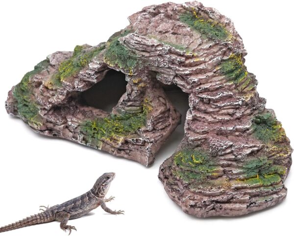 Junniu Reptile Shale Scape Step Ledge Ramps Aquarium Decor Basking Platforms Hide Cave Rock for Leopard Gecko Turtle Newts Arboreal Herps Bearded Dragon Lizards, 12.4in Large Resin