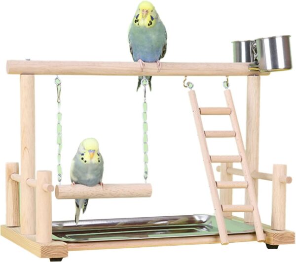 Kalttoy Bird Perch Parrots Stand Cockatiel Playstand Toy With Wood Ladder Swing Toy Feeding Cups Exercise And Playing For Birds