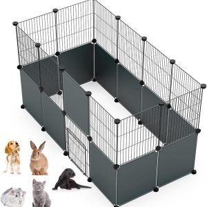 LANGXUN Pet Panels, Metal Wire Storage Cubes Organizer, DIY Small Animal Cage for Rabbit, Guinea Pigs, Puppy | Pet Products Portable Metal Wire Yard Fence (12 Metal Panels + 12 Plastic Panels)