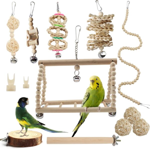 QUOZUO 13pcs Bird Toys Parakeet Cage Accessories, Bird Parakeet Toys, Swing Hanging Standing Chewing Toy, Bird toys for parakeets, Cockatiel, Parrot