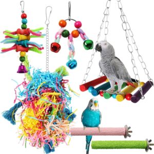 QUOZUO 6 pcs Bird Toys Swing Hanging Standing Chewing Toy, Bird Parakeet Toys Cage Accessories for Cockatiel, Parrot