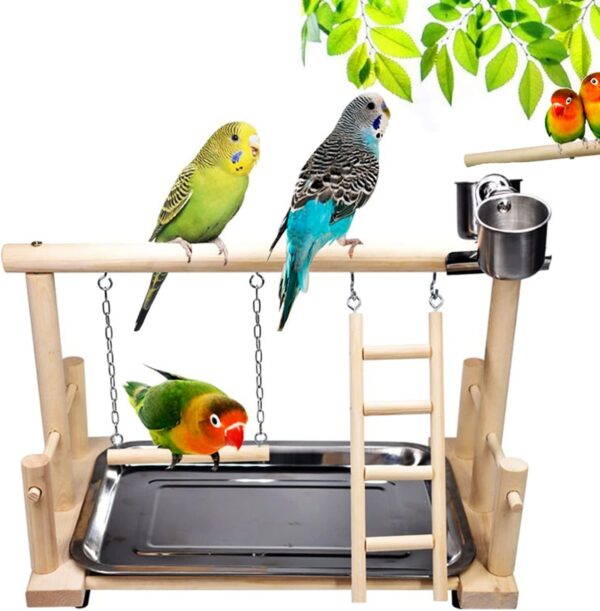 RoseFlower Parrots Bird Wooden Playstand, Birdcage Playground Play Gym Parakeet Playpen Ladder with Feeder Cup and Tray, Bird Toys Swing Exercise Toy #5