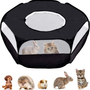 Small Animals Cage Tent, Lightweight and Foldable Pet Playpen,Outdoor/Indoor Exercise Fence for Hamsters,Guinea Pig,Rabbit,Rat,Cats(Black with Cover)