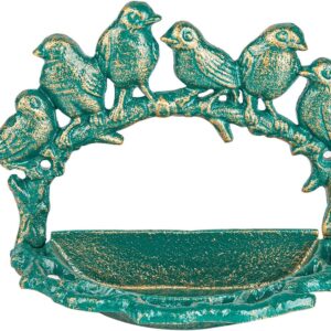 Sungmor Cast Iron Wall Mounted Bird Feeder, Cute Bird Decor Small Water Bath, Wall Hanging Fence Mount Bird Bath Feeder, Beautiful Green Birdfeeder for Garden Backyard Patio Wall Decoration