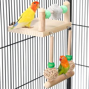 TeTupGa Bird Perches Toy with Swing, Natural Wooden Bird Cage Platform Stands with Parrot Beak Grinding Stone Chewing Toys for Parakeet Cockatiel Conure Lovebird Budgies