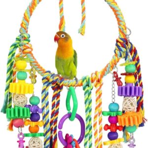 TeTupGa Bird Toy,Bird Swing Toys Hanging Cotton Rope Rings Parrot Perch with Colorful Chewing Toys for Cockatiel, Lovebirds, Finches, Parakeets, Conure and Small Birds