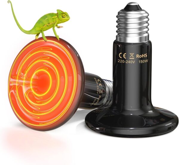 TobeBright 150W Terrarium Reptile Heat Lamp Bulb,No Light,No Harm Ceramic Heat Emitter,E27 Ceramic Heat Bulb for Reptile,Vivarium Heat Lamp for Tortoise,Puppy,Bearded Dragon,Turtle,Lizard-2Pack