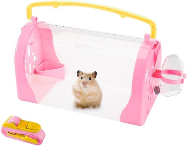 Vusmer Hamster Cage Portable Hamster Carrier, Small Hamster Carry Cage with Water Bottle, Food Bowl, Adjustable Strap, Small Pet Carrier Hamster Carry Box for Dwarf Gerbil Squirrel Pink