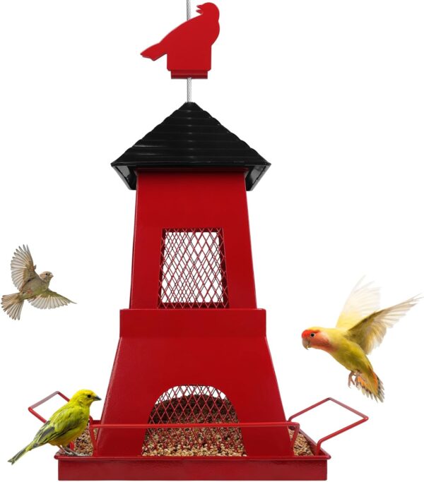 YiYa Red Metal Bird Feeder Outdoors Hanging Metal Bird Feeder Metal Retractable Large Capacity Bird Feeders for Outdoor Garden Yard Trees Decor for Bird Lovers (Red)